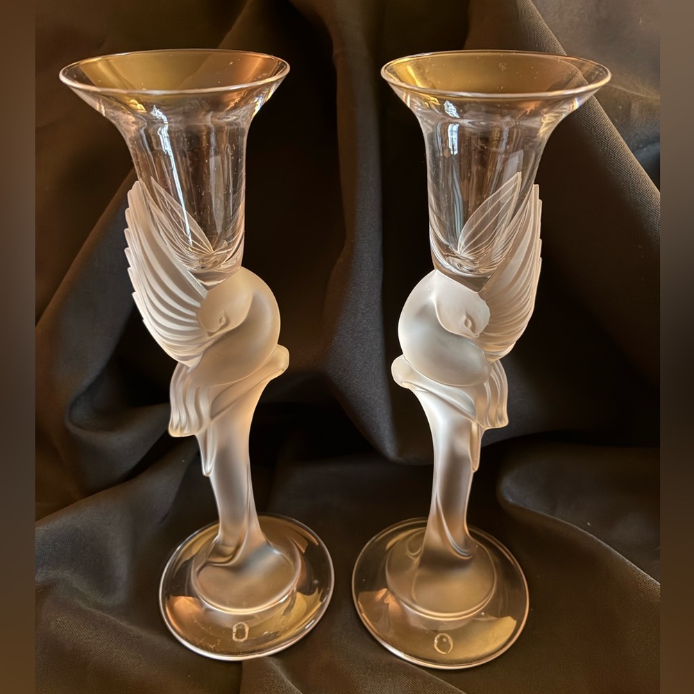 Set Faberge Crystal Candle Holders with Frosted Dove Design